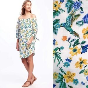 Old Navy Parrot and Floral print Dress, Size L off shoulder, summer dress.